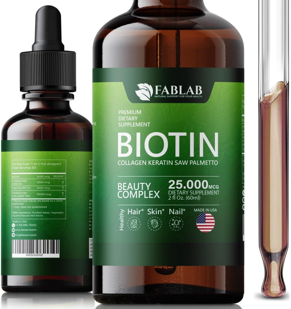 FabLab Biotine avec Collagène, Keratin et Saw Palmett 25000msg Extrait - Peau et ongles de cheveux sains pour les adultes, pas de remplissage, pas de vitamine collagène anti-stéarate pour les hommes et les femmes- 2 Fl Oz