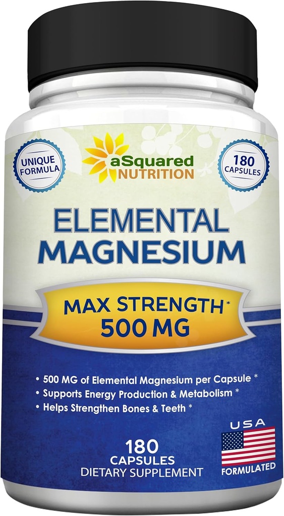 aSquared Nutrition Proprietary Magnésium 500mg – Citrate de magnésium et d'oxyde de haute absorption – 180 Capsules de Veggie, 180 jours d'approvisionnement – États-Unis Formulés et testés en troisième partie