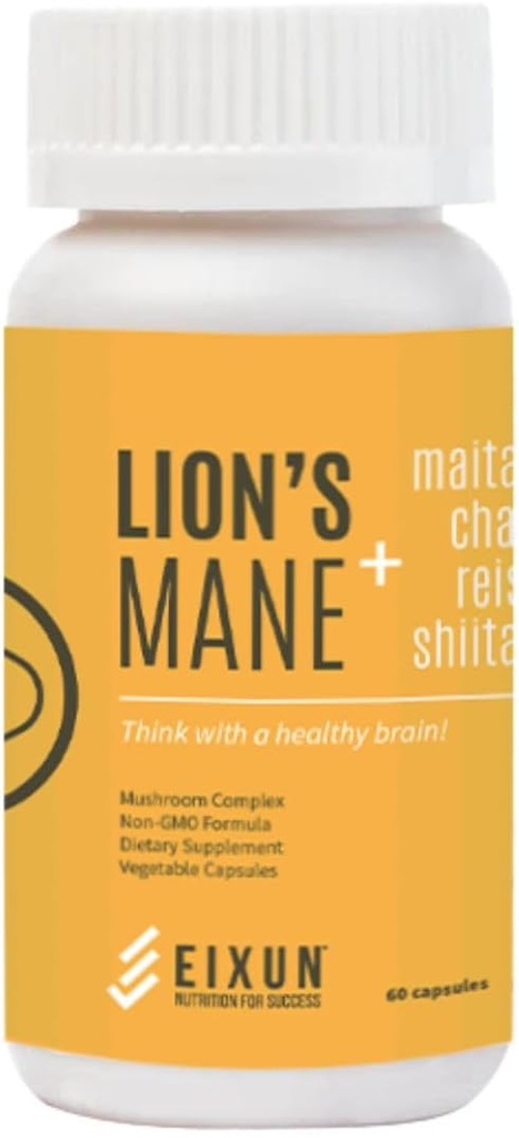 Lion's Mane, Nootropic, Supplement for Brain, Mushroom Complex, Maitake, Shitake, Focus, Natural Energy, Immune System, Concentration, Cardiovascular Health, Reduces Stress, 60 Capsules.