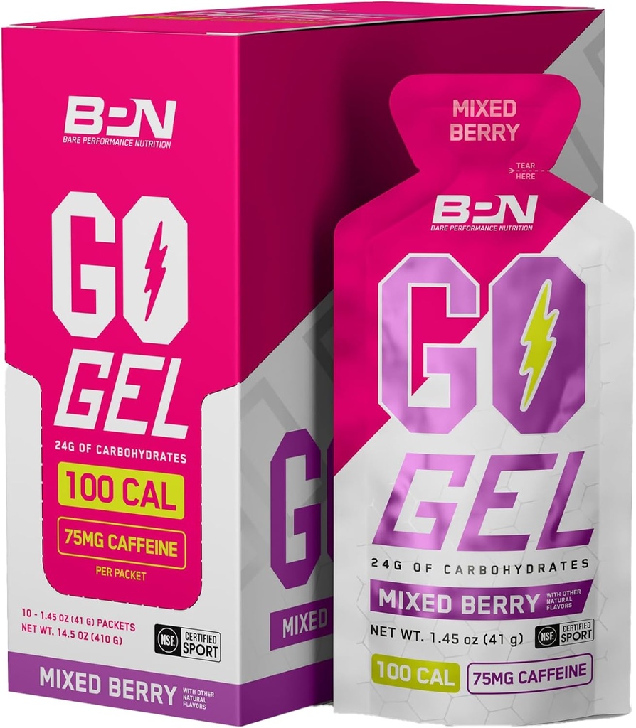 BARE PERFORMANCE NUTRITION, BPN Go Gel Endurance, 24g de glucides et 100 calories par paquet, Vegan + Gel sans gluten, 10 packs à un seul usage, Berry mélangé caféiné