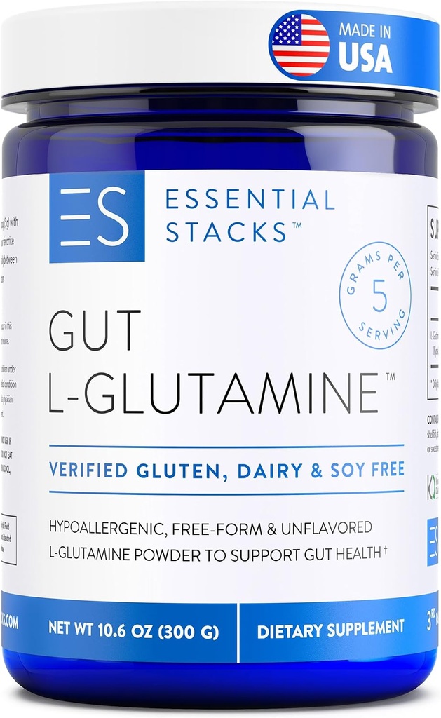 Stacks essentiels Gut L-Glutamine en poudre - Fabriqué exclusivement aux États-Unis - Pure L Glutamine en poudre pour la santé Gut (60 portions, non aromatisées)
