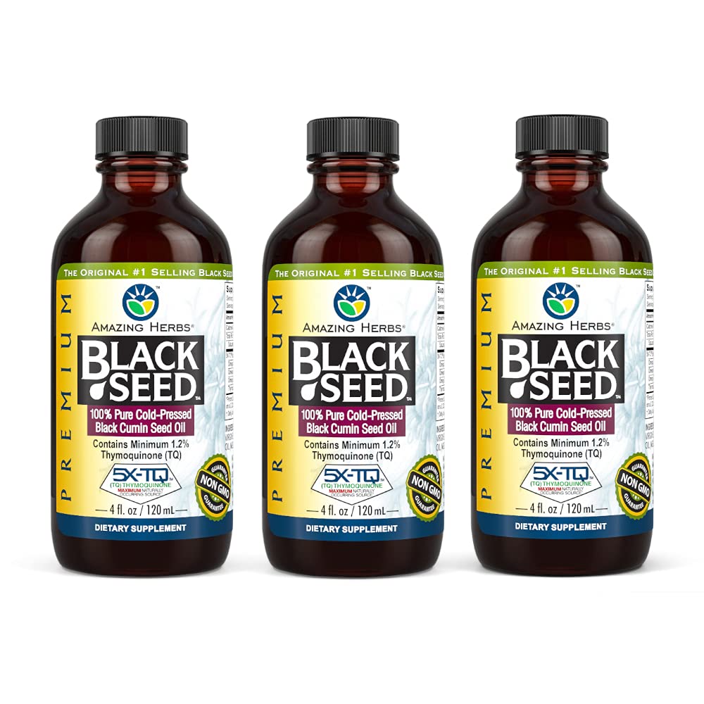 Amazing Herbs Huile de Graine Noire Premium - Sans gluten, sans OGM, Nigella pressée à froid Sativa aide à la santé digestive, le soutien immunitaire, la fonction cérébrale - 4 Fl Oz (paquet de 3)