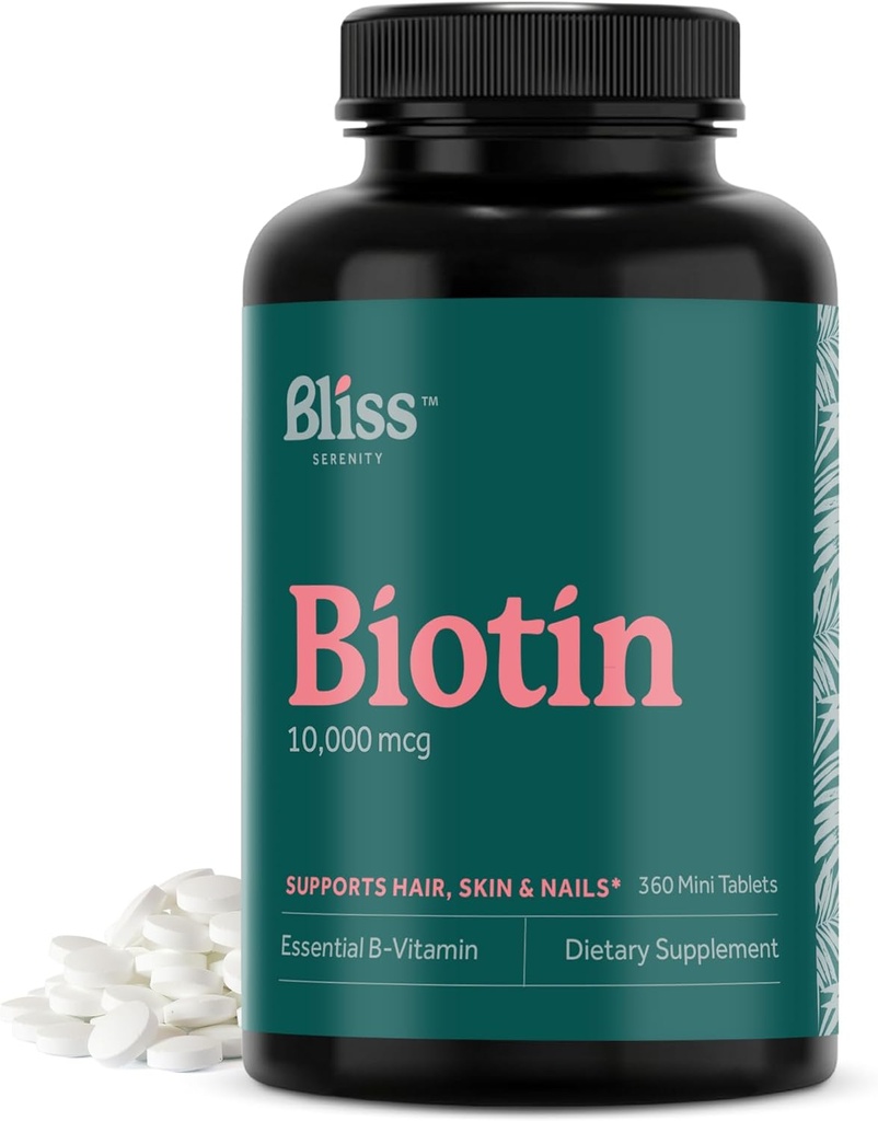 Biotine 10000mcg - Supplément Biotine Max Strength - Vitamines de peau et ongles pour les femmes et les hommes, Vitamines de croissance capillaire et production d'énergie, Kosher, non-OGM, 360 mini comprimés