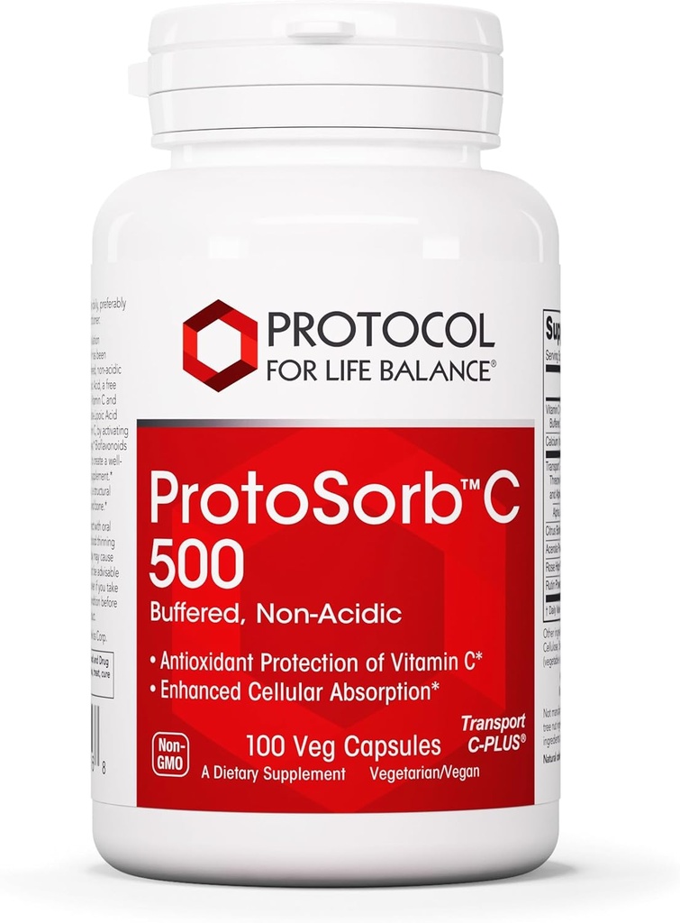 Protocole Protosorb C 500 - Vitamine C hautement absorbante - pour le système immunitaire et le supplément pour la santé des os* - avec l'acide alpha-lipoïque - Vitamine C buvée, non acide - 100 gélules
