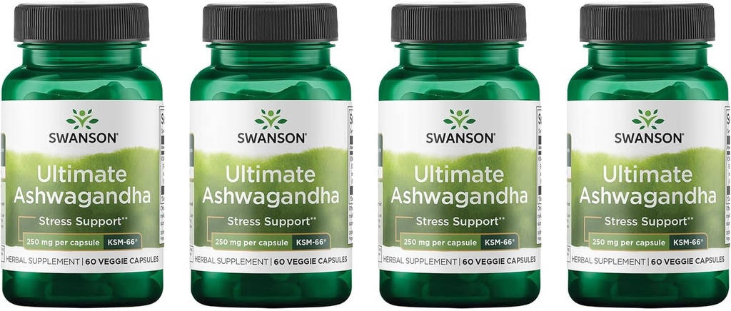 Swanson Ultimate Ashwagandha KSM-66 - Supplément à base de plantes pour soutenir des niveaux de stress et de relaxation sains - Formule naturelle pour promouvoir un mental calme et détendu - (60 Capsules de Veggie, 250mg chacune) (4 Pack)