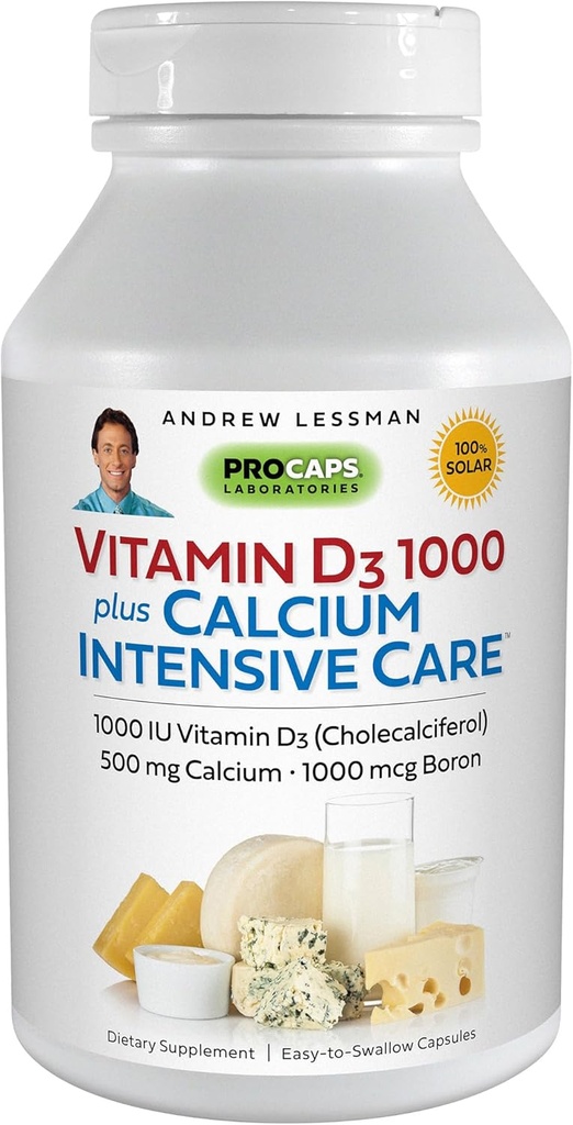 ANDREW MOINSMAN Vitamine D3 1000 Plus Calcium Intensive Care 60 Capsules - Essential for Calcium Absorption, soutient la santé osseuse, la fonction musculaire saine. Douce, facile à absorber. Aucun additif