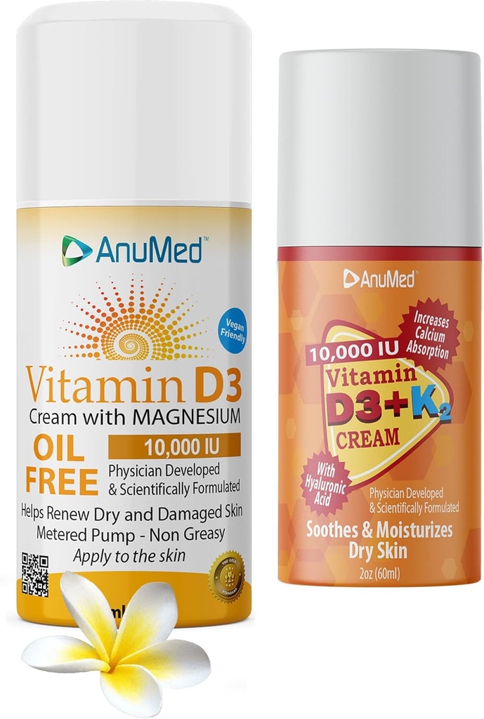 Crème naturelle ANUMED avec vitamine (D3 10,000 UI sans huile) + (D3 avec K2 10,000 UI taille de voyage 2oz) Ingrédients puissants avec acide hyaluronique, magnésium, vitamine E, zinc, vitamine B3.