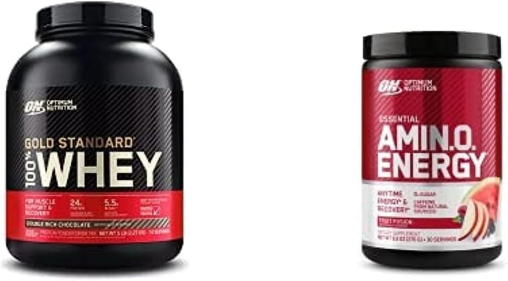 ON Gold Standard 100% Whey Protein Primary Source Isolate - Double Rich Chocolate 74 Servings + ON Amino Energy - BCAA, Amino Acids, Keto Friendly, Green Coffee Extract- Fruit Fusion, 30 Servings