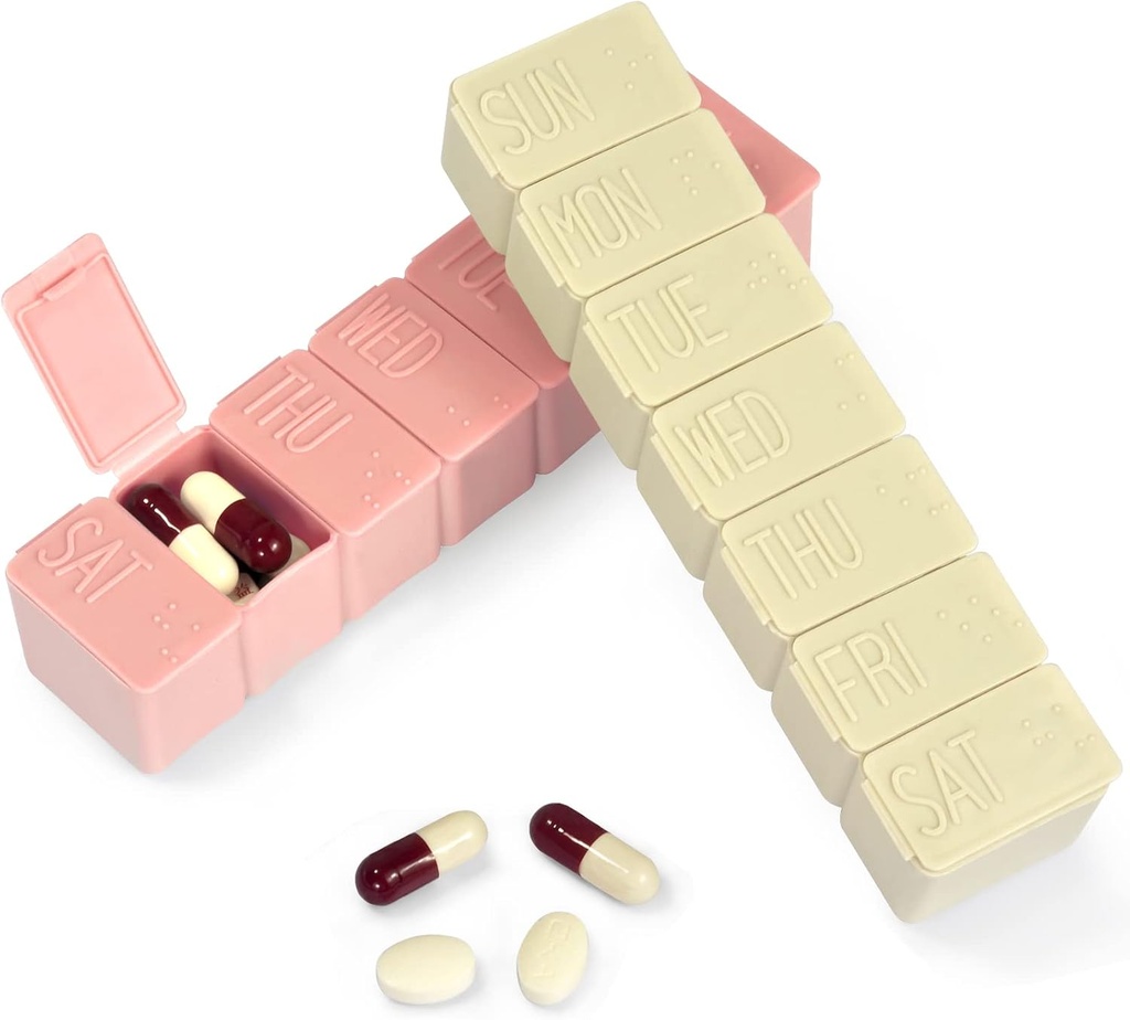 Pill Organizer-Pill Boxes pour les voyages, 7 jours avec l'étui en braille Vitamines Huile de poisson Suppléments, Médicament Organisateur Distributeur pour Huiles de poisson, Vitamine Holder Supplément (Pink+Beige)