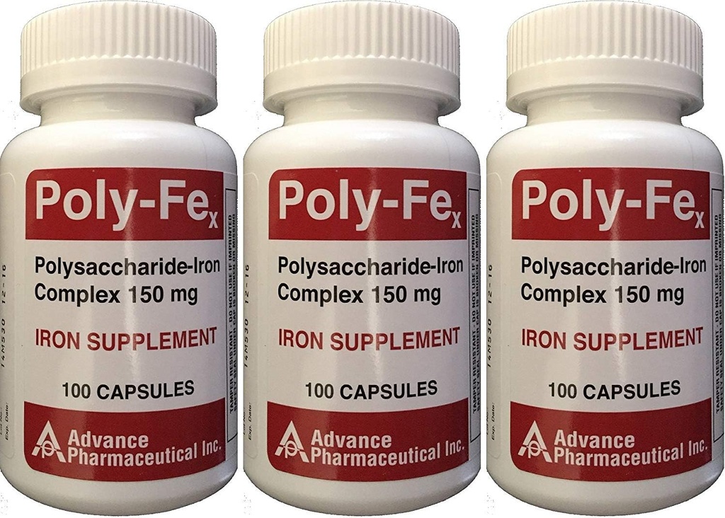 Polysaccharide Iron Complex 150 mg Capsules Iron Supplément 100 Capsules par boîte de 3 Total 300 Capsules