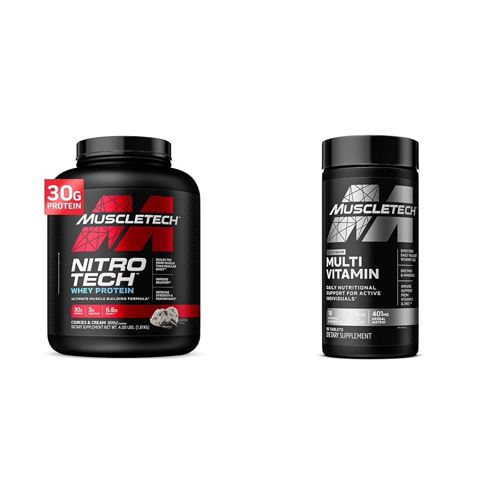 Muscletech Whey Protein Powder & Multivitamine pour le support immunitaire - Nitro-Tech Muscle Building Formule avec Isolation et Peptides Whey Protein, 30g Protéines, 3g Créatine, 6.8g BCAAs, et Multivitamine Platine avec 18 Vitamines et Minéraux