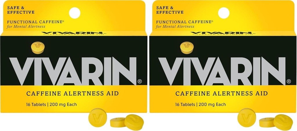 Vivarine, Pilules de caféine, 200 mg de caféine par dose, en toute sécurité et efficacement vous aide à rester éveillé, sans sucre, calories ou ingrédients cachés, supplément énergétique, 16 comprimés (paquet de 2)