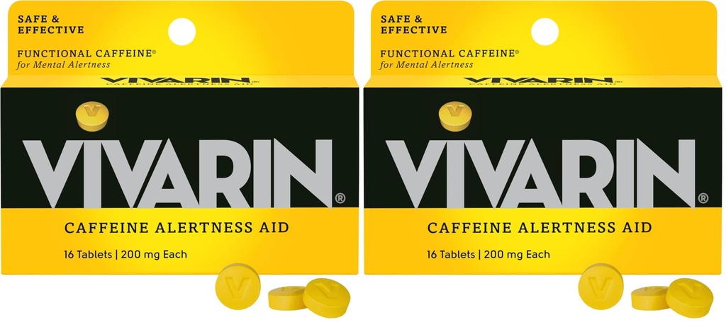 Vivarine, Pilules de caféine, 200 mg de caféine par dose, en toute sécurité et efficacement vous aide à rester éveillé, sans sucre, calories ou ingrédients cachés, supplément énergétique, 16 comprimés (paquet de 2)