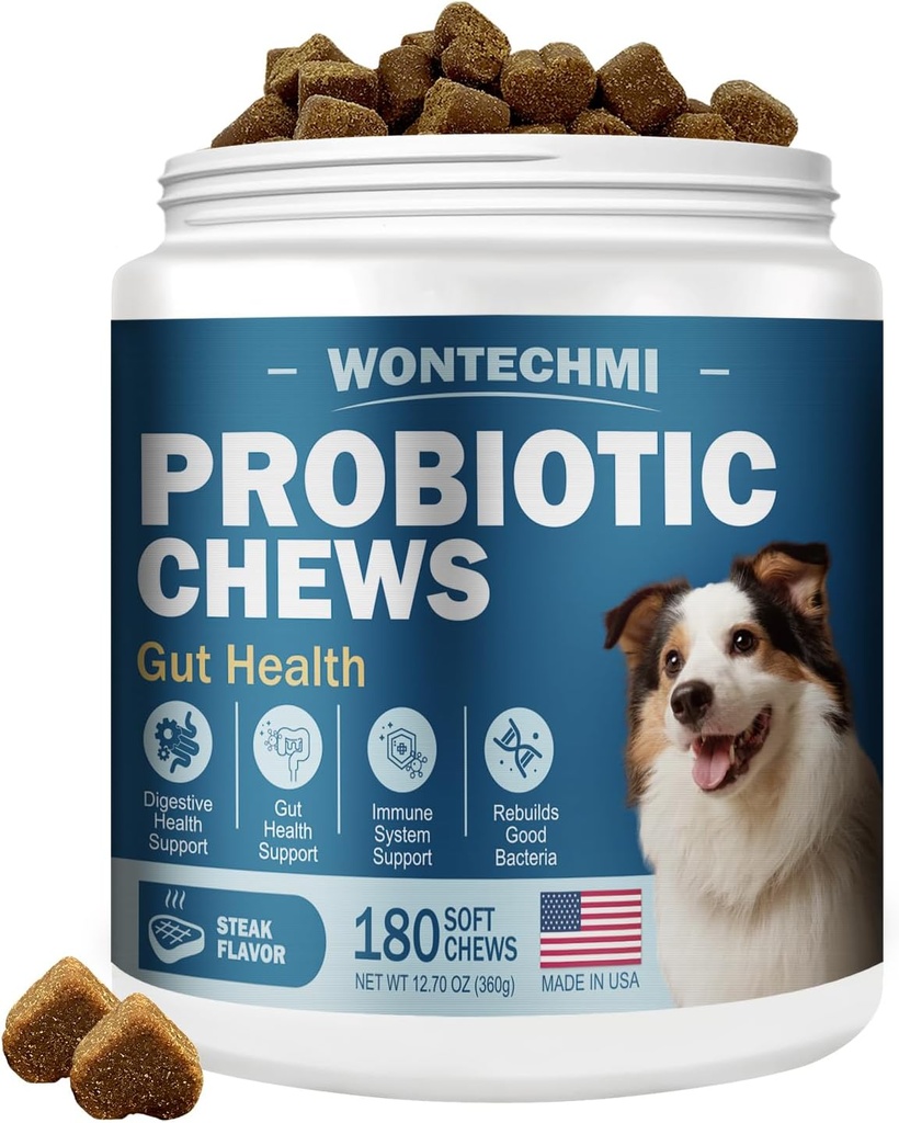 Probiotiques pour chiens, améliorer les oreilles démangeaisons cutanées, la santé des Guts, l'équilibre des levures, les allergies, l'immunité, les probiotiques pour chiens et les enzymes digestives avec les prébiotiques, réduire la diarrhée (180 Chews, Steak)