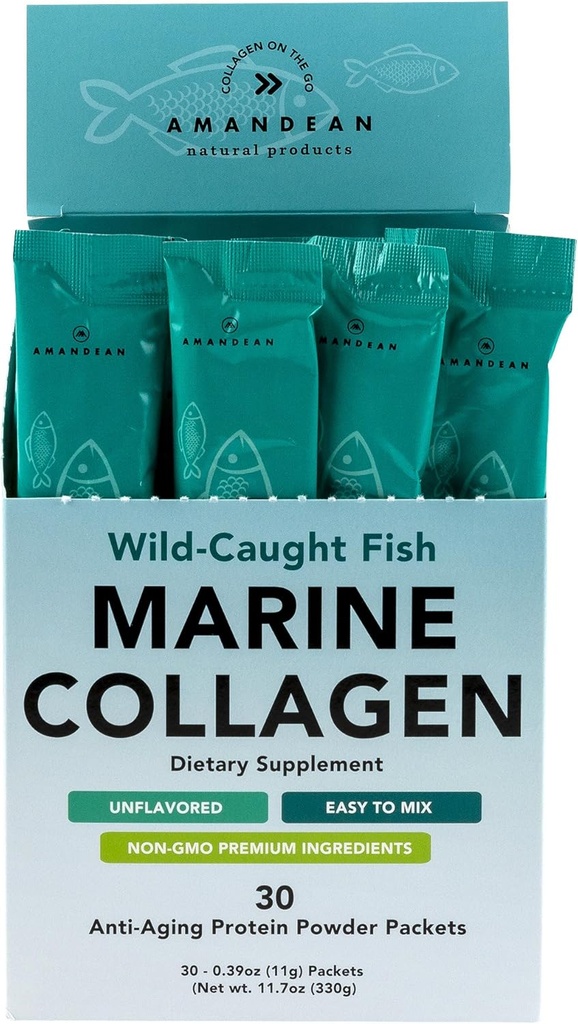 AMANDEAN Marine Collagen Peptides Powder Stick Packs. Poisson sauvage. 30 Packets individuels à usage unique. Cheveux, peau et ongles. Non-OGM, Zero Carbs, Non aromatisé, Haute Biodisponibilité.