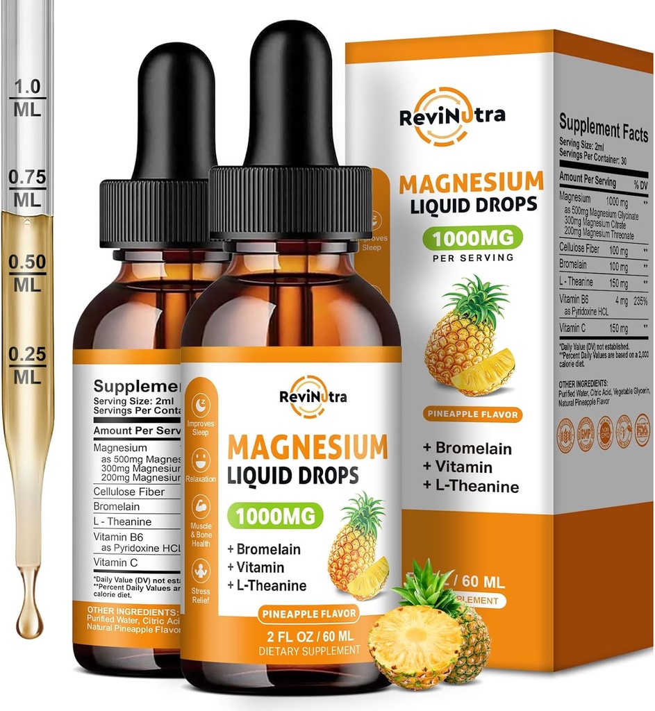 2 paquets de gouttes liquides de glycinate de magnésium, 1000mg de gouttes complexes de magnésium liquide pour le sommeil, le nerf, l'énergie, le muscle, les os, le calme et la digestion, haute absorption, 2 Fl Oz, goût d'ananas