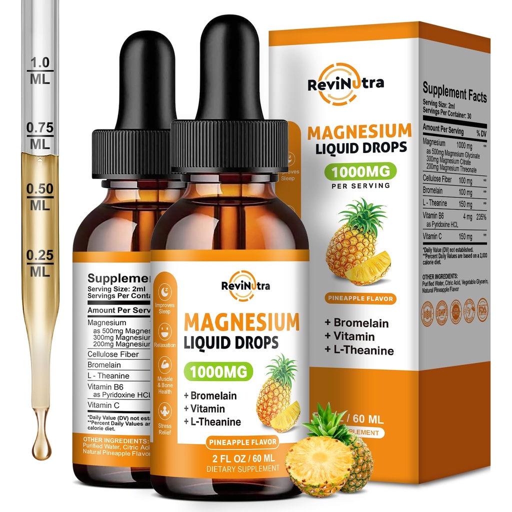 2 paquets de gouttes liquides de glycinate de magnésium, 1000mg de gouttes complexes de magnésium liquide pour le sommeil, le nerf, l'énergie, le muscle, les os, le calme et la digestion, haute absorption, 2 Fl Oz, goût d'ananas