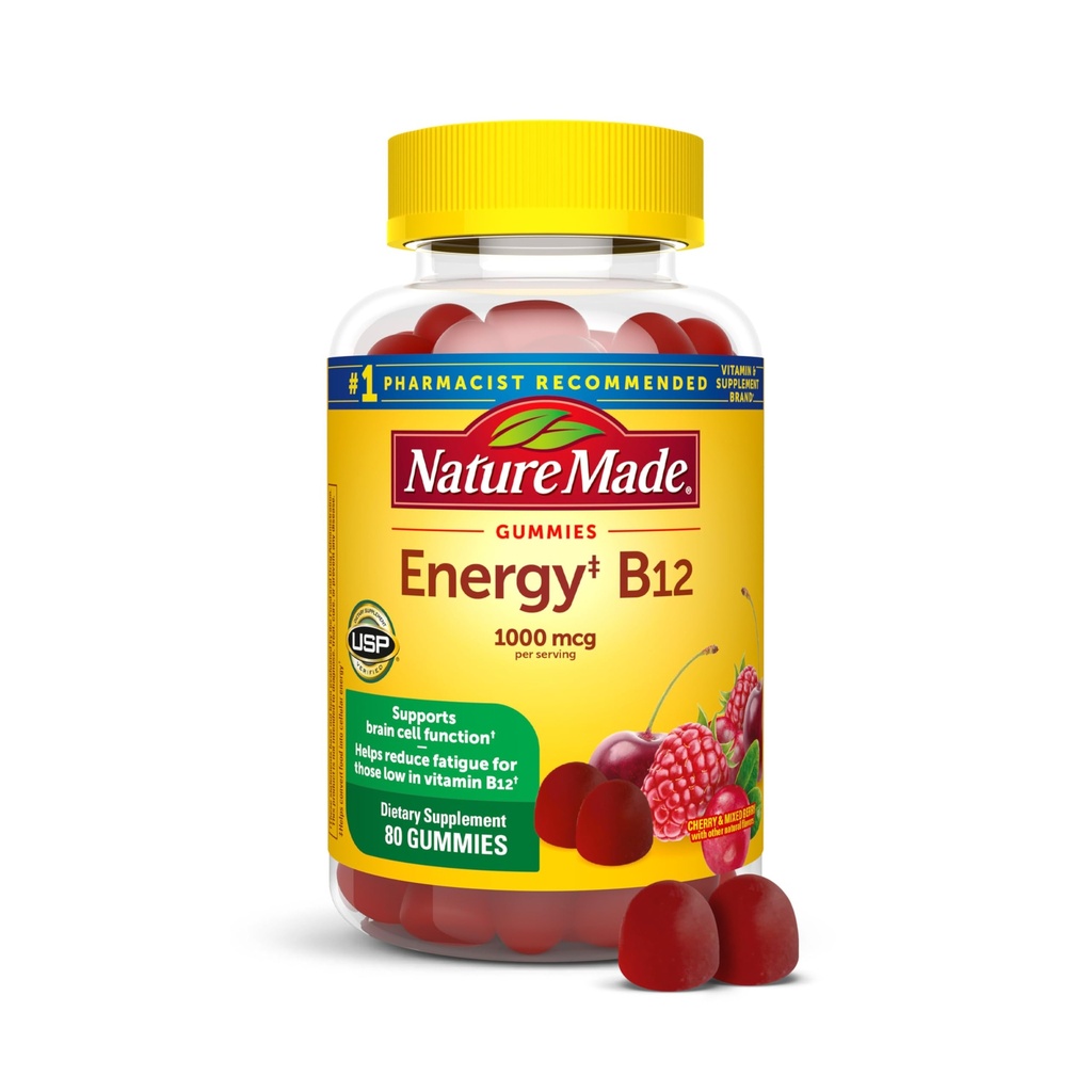 Nature Made Energy B12 1000 mcg, complément alimentaire pour le soutien au métabolisme de l'énergie, 80 gommies, 40 jours d'approvisionnement L'emballage peut varier