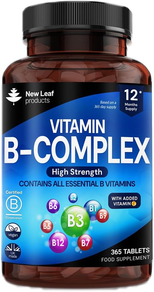 Complexe de vitamine B - 365 petits comprimés (un an d'approvisionnement) Haute résistance Toutes les 8 B vitamines B1-B2-B3-B5-B6-B12, Biotine, acide folique et vitamine C - Réduction de la fatigue, de l'énergie et du soutien immunitaire - UK Made