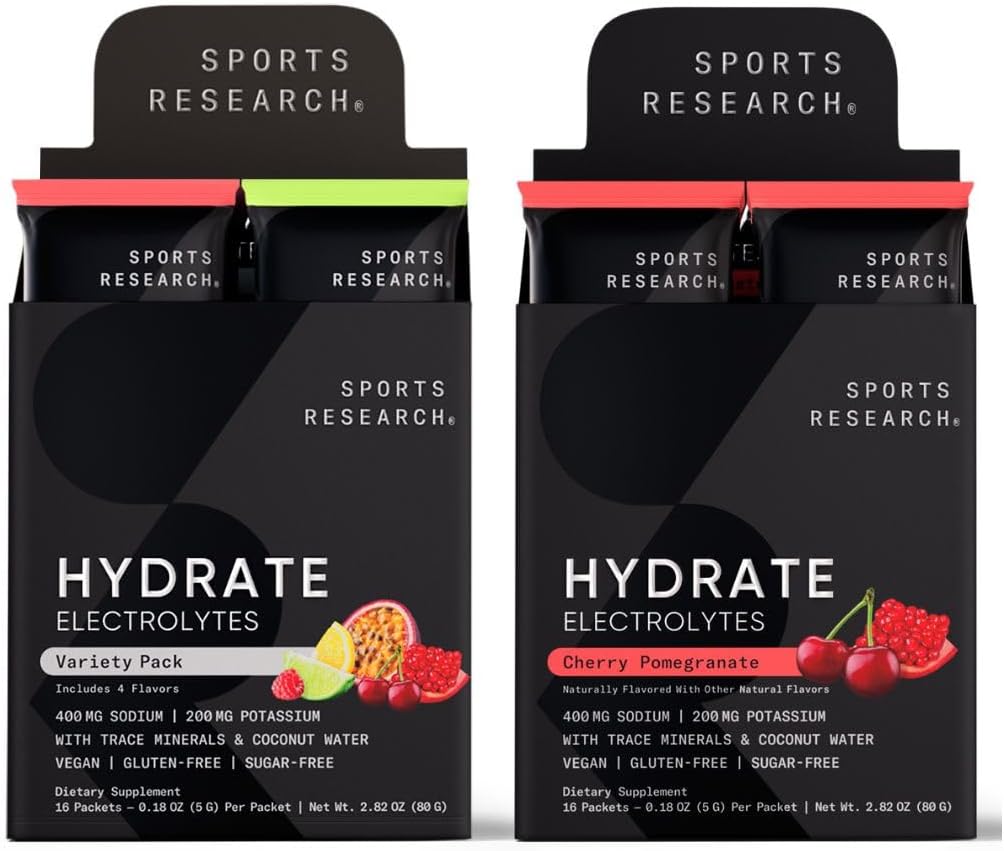 Recherche sportive Hydrate Electrolytes Combo Pack - Sans sucre et naturellement aromatisé avec des vitamines, des minéraux et de l'eau de coco - Supports Hydratation - 32 Packets - Cerise grenade Dominant Saveur