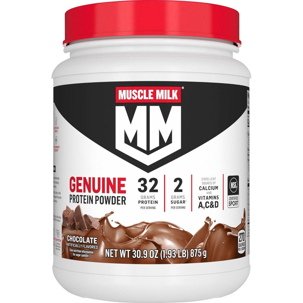 Lait musclé Poudre de protéines authentiques, Chocolat, 1,93 livres, 13 portions, 32g de protéines, 2g de sucre, Calcium, Vitamines A, C & D, NSF certifié pour le sport, Energing Snack, Emballage May Vary