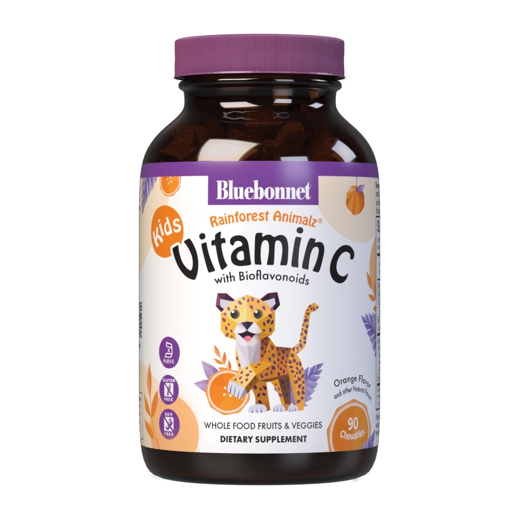 Bluebonnet Nutrition Forêt pluviale Animalz Vitamine C Comprimés à croquer, 250mg de vitamine C, sans soja, sans gluten, sans casher, sans lait, végétalien, 90 comprimés, 45 portions, saveur orange