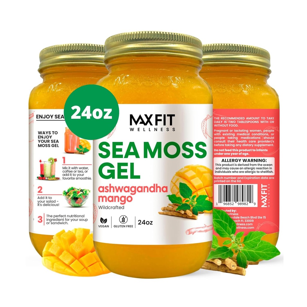 Sea Moss Gel Ashwagandha Mango (25 Flavors) 24oz Wildсrafted Gold Sea Moss Gel from Saint Lucia | 92 Vitamins and Minerals | Pure Raw+Non-GMO