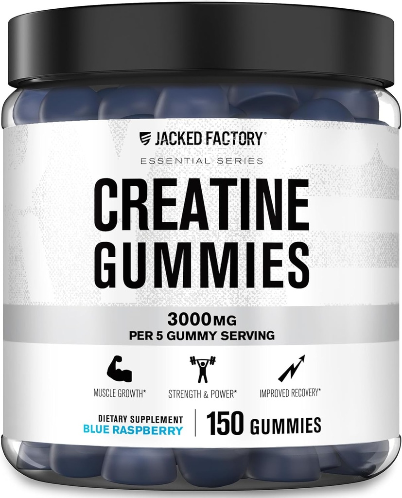 Gommies monohydratées en créatine de l'usine Jacked (3g) - Créatine pour la croissance musculaire, la force, l'énergie accrue et l'amélioration des performances athlétiques - 150 Gommies, framboise bleue