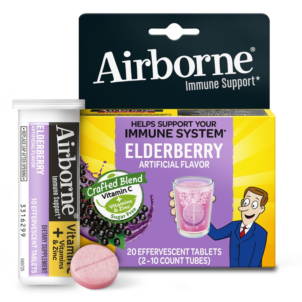 Extrait air-porté de sureau + vitamine C 1000mg (par portion) - Comprimés effervescents (20 Compte dans une boîte), supplément de soutien immunitaire sans gluten, avec vitamines A C E, zinc, sélénium, sans sucre