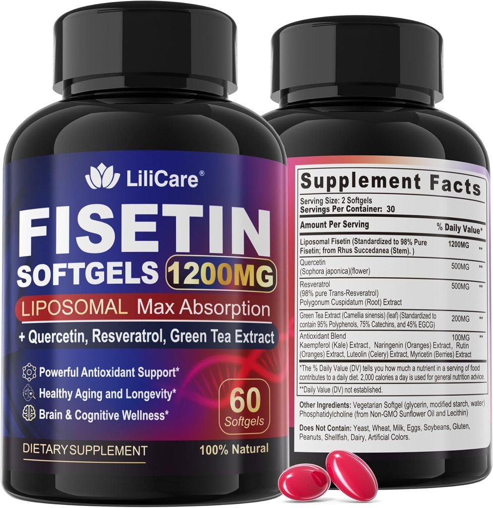 Supplément de fisetin - Super absorption liposomique 98% Pure 1200mg avec Quercetin, Resvératrol, Extrait de thé vert pour un vieillissement et une longévité sains, santé de la peau, cerveau et antioxydant - 60 Softgels