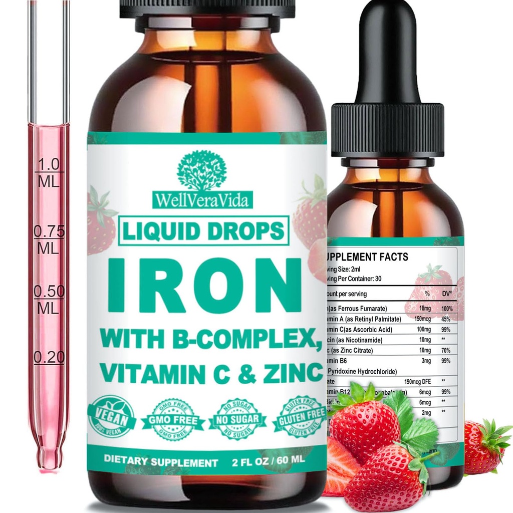 Supplément en fer liquide avec Vitamine C, B-Complex, Haute puissance liquide en fer avec Multivitamine, gouttes de fer végétalien pour les femmes, les enfants, supplément en fer liquide en chélate pour l'anémie, la fatigue, le soutien des globules rouges