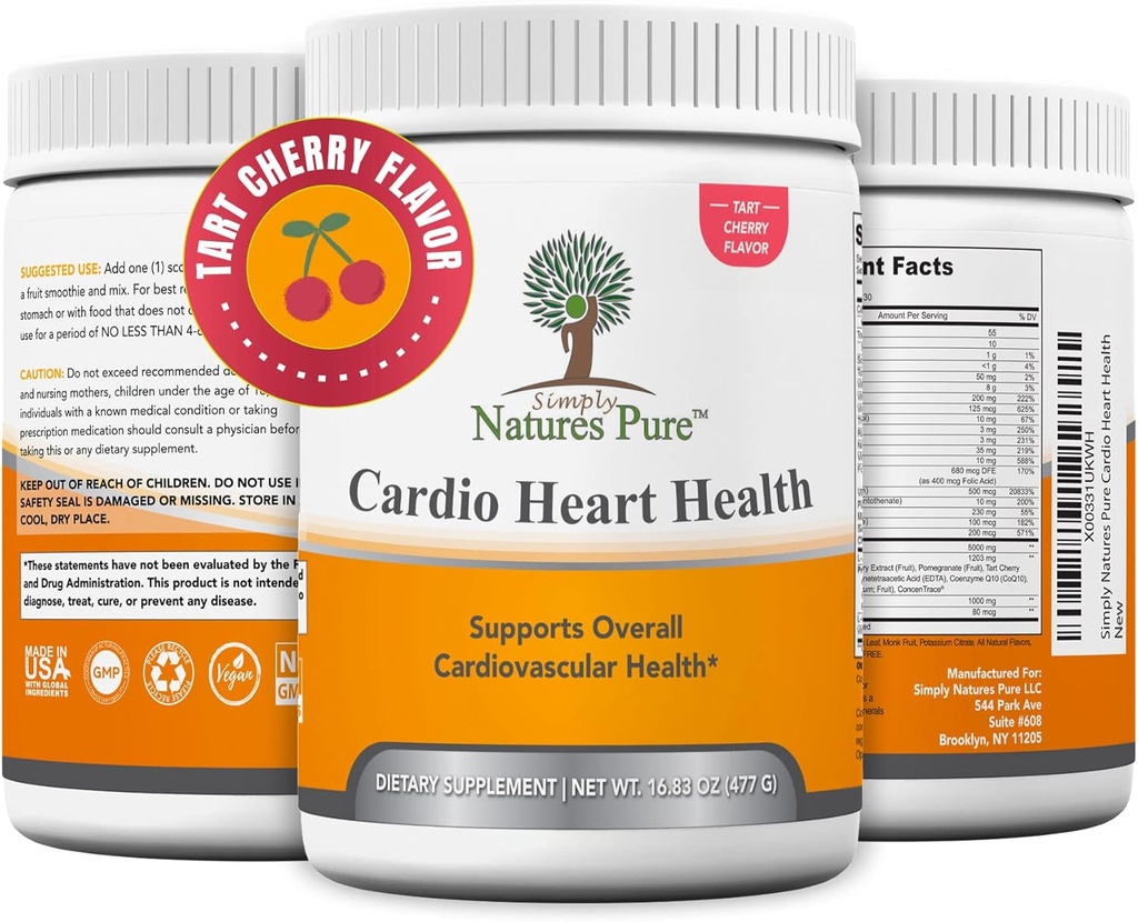 Simply Natures Pure - Cardio Heart Health Supplément de soutien à l'oxyde nitrique avec L-Arginine 5000 mg, L-Citrulline 1000 mg et Hawthorne Berry, 16.82 Ounces - Tart Cherry Flavor