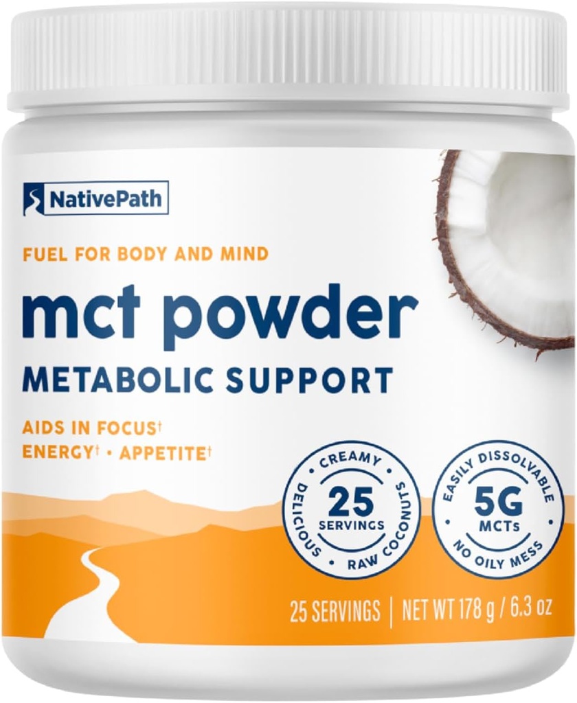 Supplément de poudre d'huile NativePath MCT - MCT non aromatisé Poudre avec des C8 MCT Kéto-friendly. Exemptes de lait, de gluten et d ' OGM, 25 portions