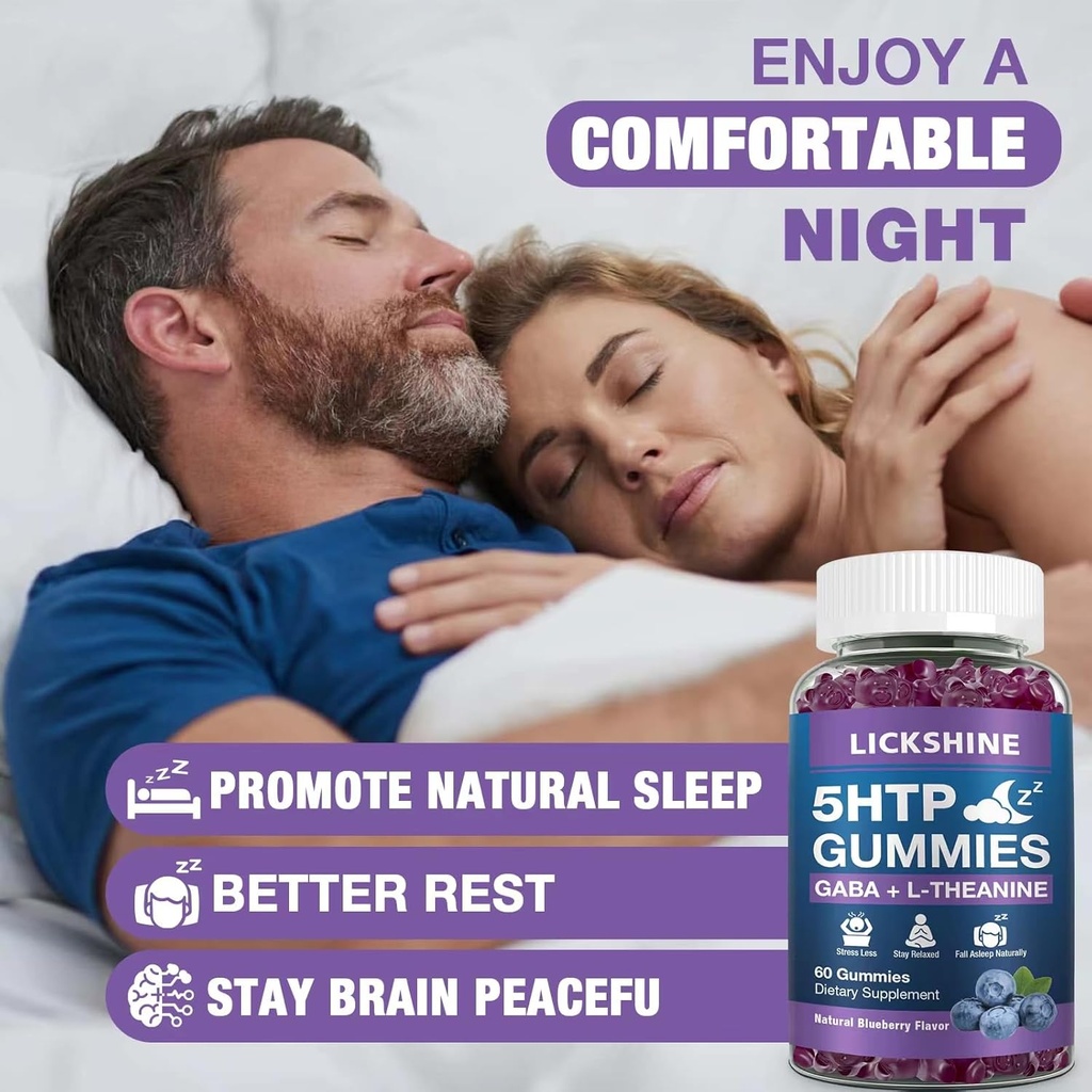 2 Pack 300MG 5-HTP GABA Supplément de sommeil Gommies avec 200mg L-Theanine Supplément pour cerveau, stabilisateur d'humeur et soutien de sommeil, sans mélatonine, Omega 3-6-9 pour zzz naturels, Blueberry Flavor