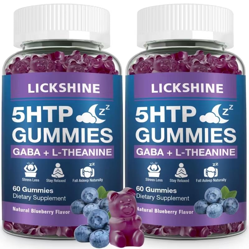 2 Pack 300MG 5-HTP GABA Supplément de sommeil Gommies avec 200mg L-Theanine Supplément pour cerveau, stabilisateur d'humeur et soutien de sommeil, sans mélatonine, Omega 3-6-9 pour zzz naturels, Blueberry Flavor