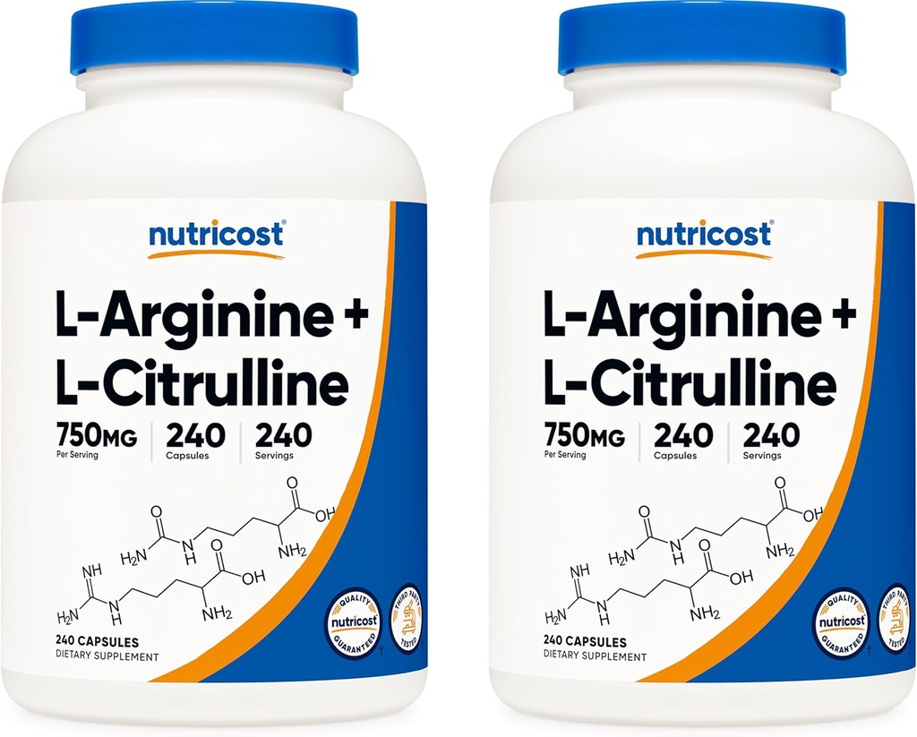 Nutricost L-Arginine L-Citrulline Complex 750mg, 240 Capsules (2 Bottles) - Non-GMO