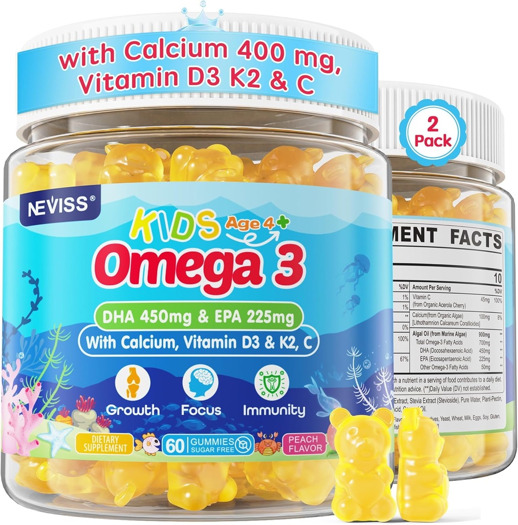 Kids Omega 3 Gummies + Calcium 400mg + Vitamin D3 K2 + C, Omega-3 DHA & EPA Supplement - No Fish Burps, No Sugar - Kids & Teens Omḛga 3 + Multivitamin Gummy for Strong Bones, Brain, Immune, Eye, 2Pack