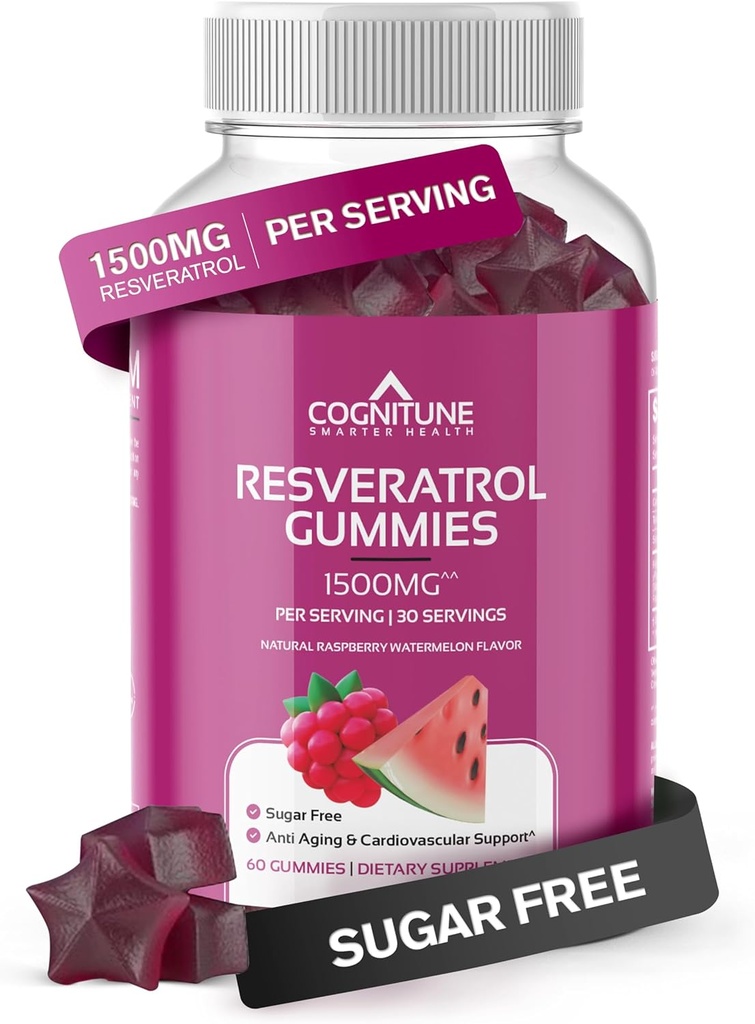 CogniTune Resvératrol Gommies – Supplément antioxydant sans sucre de 1500mg pour le cœur, le cerveau et le soutien immunitaire – puissant anti-âge Trans Resvératrol Chews pour la longévité et le bien-être