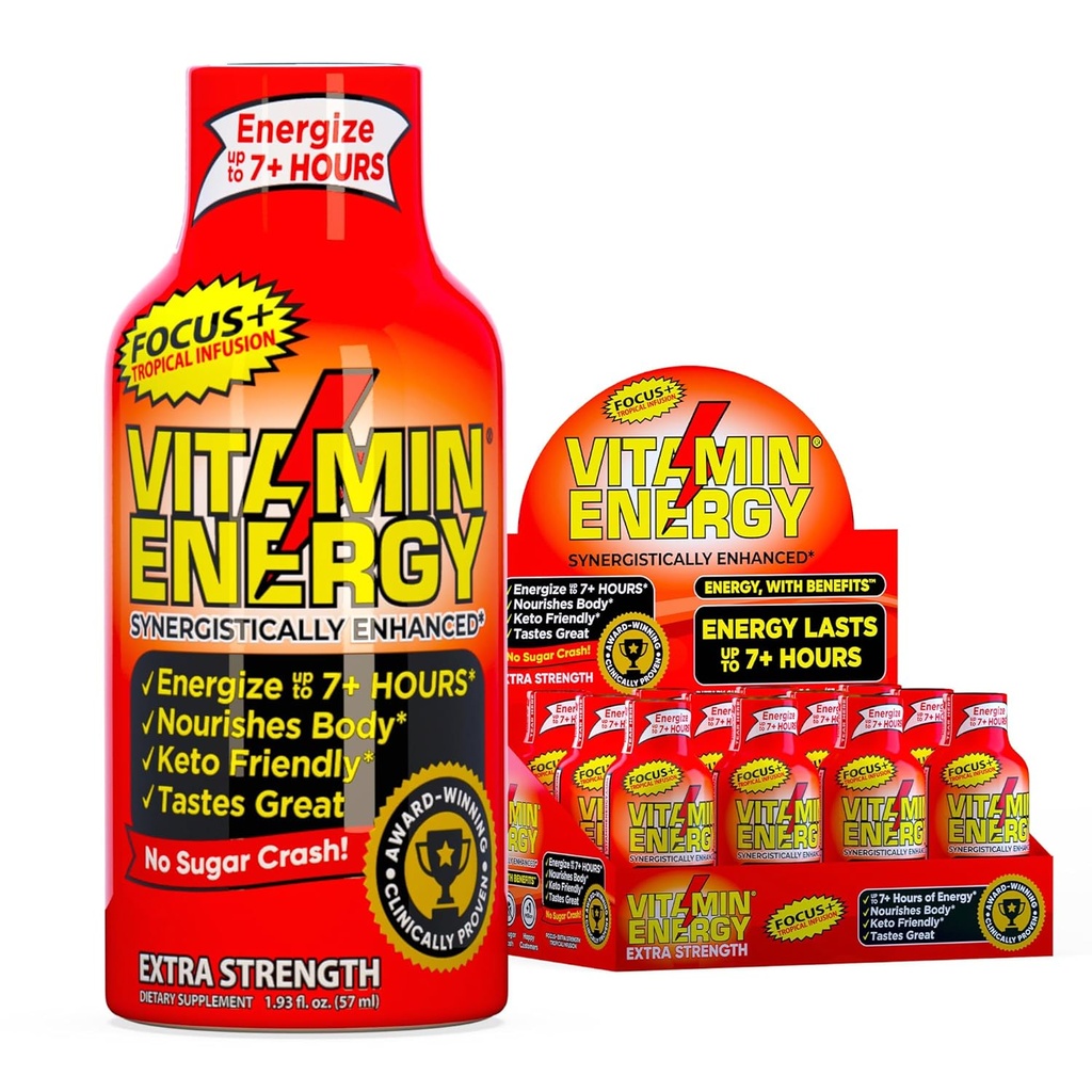 Vitamine Energy Focus+ Extra Strength Energy Shot Tropical Infusion 12 Pack, 260mg Caféine naturelle, B-Vitamines, CoQ10, Acides aminés, Focus, Productivité et Clarté, Zéro sucre, Sans gluten, 1,93 fl oz