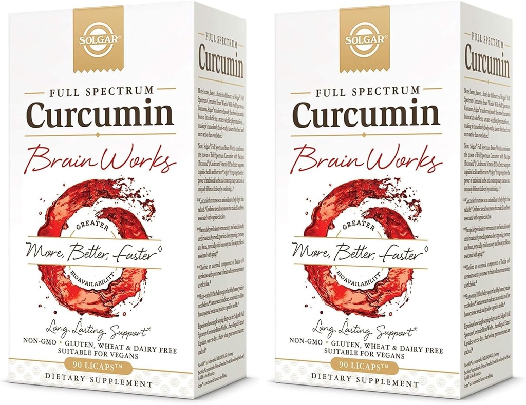 Solgar Full Spectrum Curcumin Cerveau Works, 90 Licaps - Soutien Mémoire Rappel, Focus, Fonction Cognitive - Antioxydant Support - Curcumine, BacoMind, Choline, Vitamine B12 - Non-OGM, Vegan - (Paquet de 2)