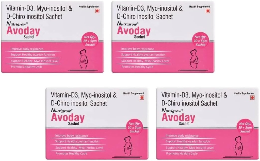 NUTRIGROW AVODAY Alimentation en poudre 40 jours/Aid Ovarian Function Support for Women - Régler vos hormones/vitamine d3 myo- inositol & D Chiro inositol/Health Supplements/Metabolism Booster Pack of 4
