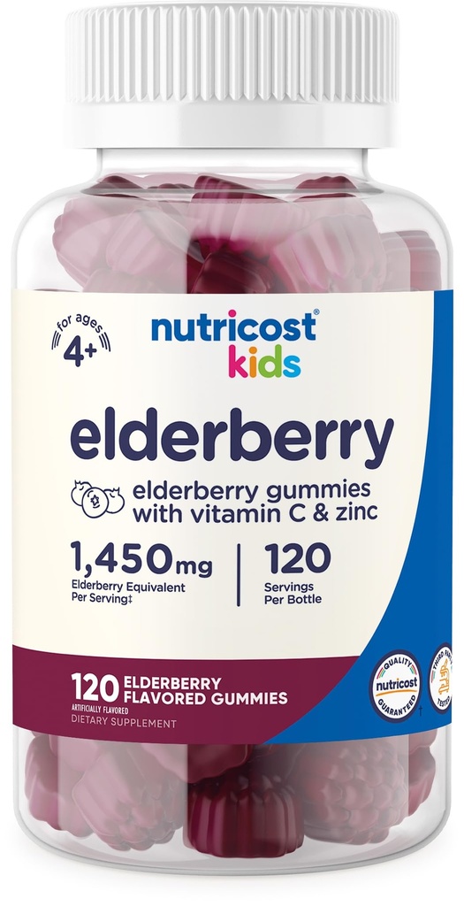 Nutricost Gummies de mûres aînées pour enfants (50mg) avec du zinc et de la vitamine C 120 Gummies - Sans gluten, sans sirop de maïs