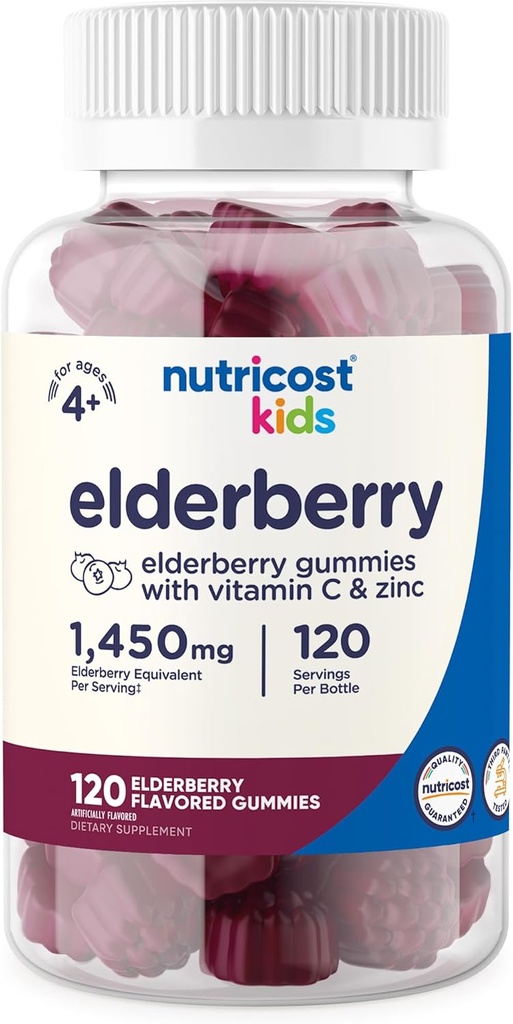 Nutricost Gummies de mûres aînées pour enfants (50mg) avec du zinc et de la vitamine C 120 Gummies - Sans gluten, sans sirop de maïs