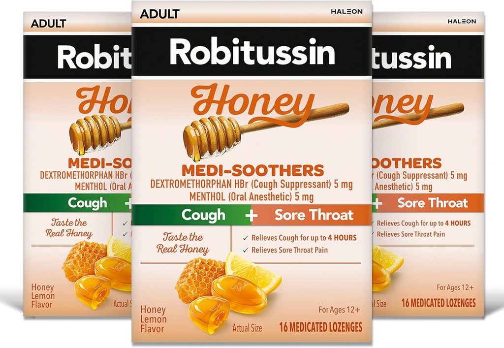 Robitussine Medi-Sothers Honey Lemon Throat Lozenges, Long Lasting Cough + Mal à la gorge - 48 Compte (3 x 16ct Packs)