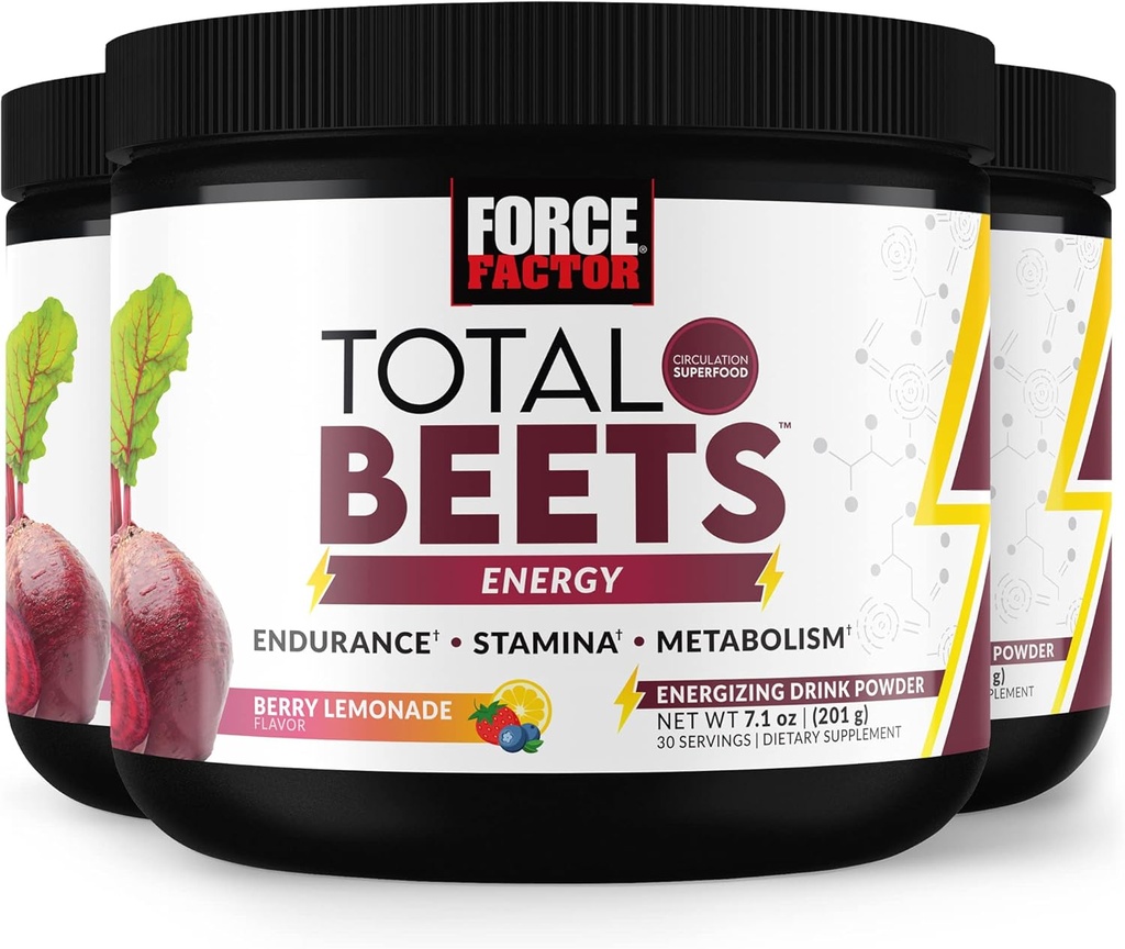 FORCE FACTOR Total Beets Energy Drink Mix 3-Pack, Superfood Beet Root Powder, Nitrates to Boost Energy, Support Circulation, Flux sanguin, Oxyde nitrique et Stamine, Supplément santé cardiaque, 90 portions