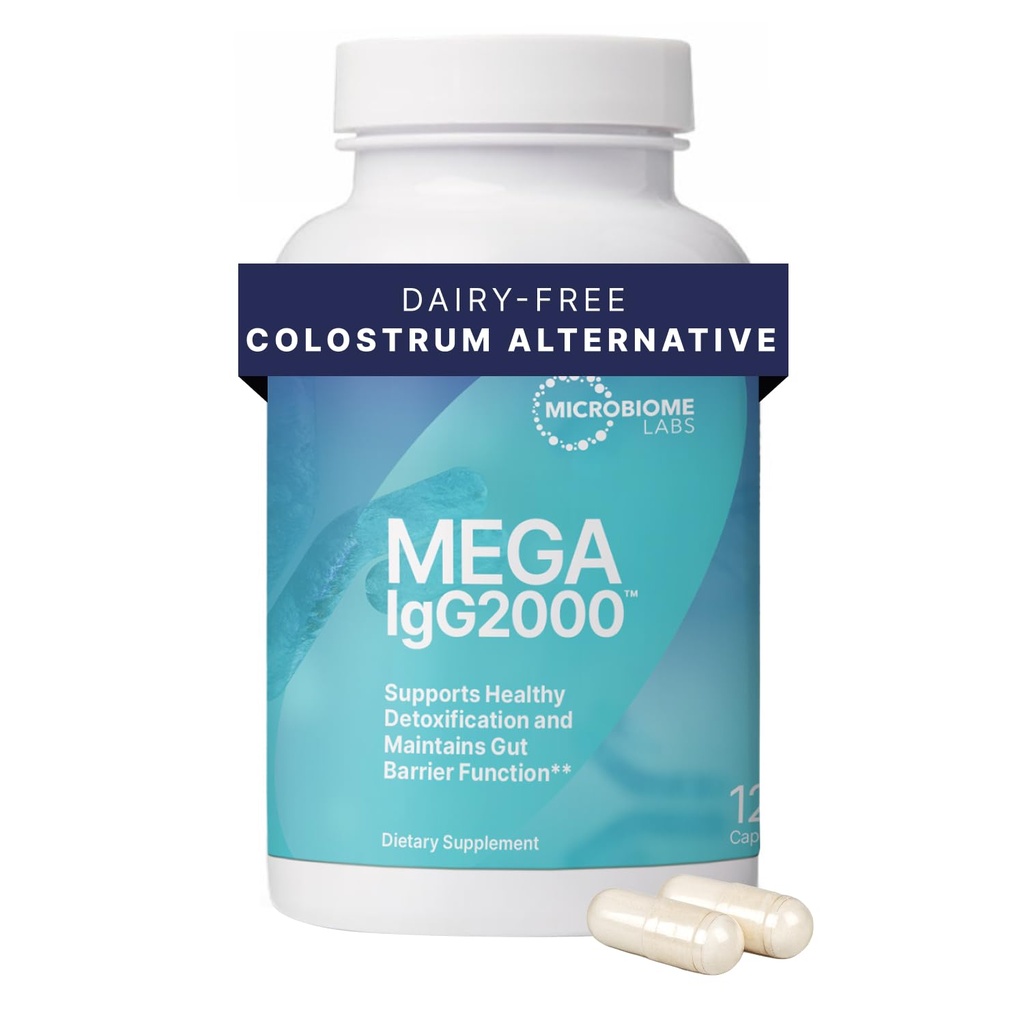 Microbiome Labs Mega IgG2000 Capsules - Supplément Bovine Colostrum sans lait Alternative - Supplément Immunoglobuline du Sérum Bovin pour soutenir la santé digestive (120 Capsules)