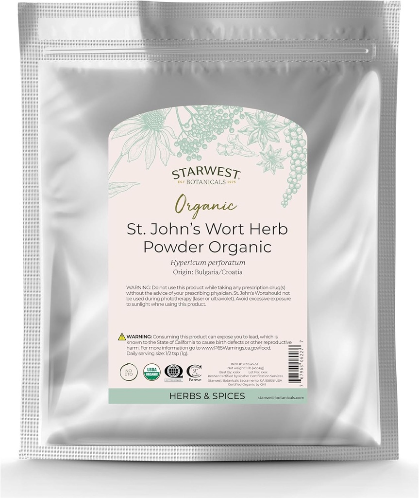 Starwest Botanicals Organic St. John's Wort Powder - Herbe séchée pour thé, Fabriqué à partir de St. John's Wort Flower, soutient la relaxation, certifié Kosher, non-OGM - Bulk 1 lb sac