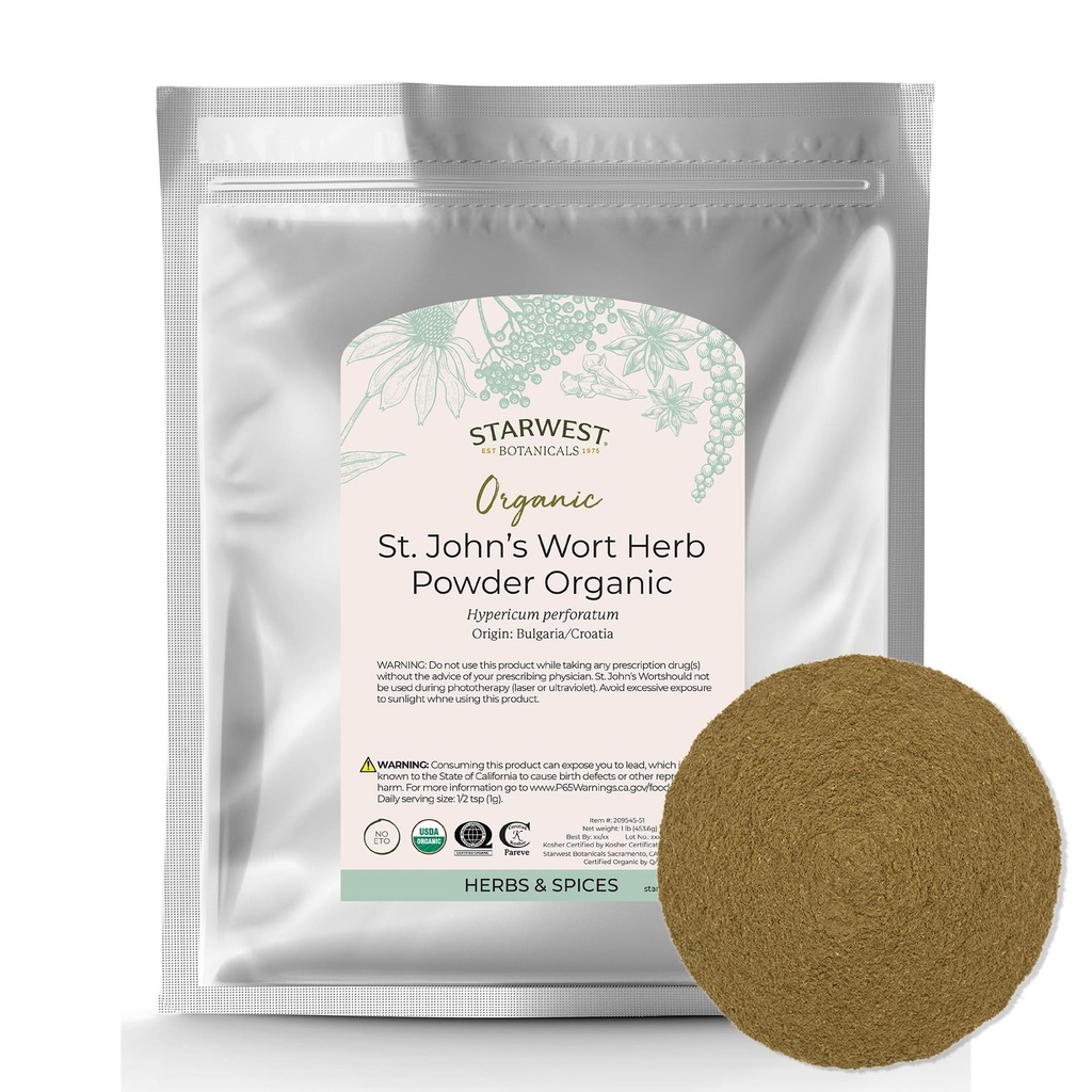 Starwest Botanicals Organic St. John's Wort Powder - Herbe séchée pour thé, Fabriqué à partir de St. John's Wort Flower, soutient la relaxation, certifié Kosher, non-OGM - Bulk 1 lb sac