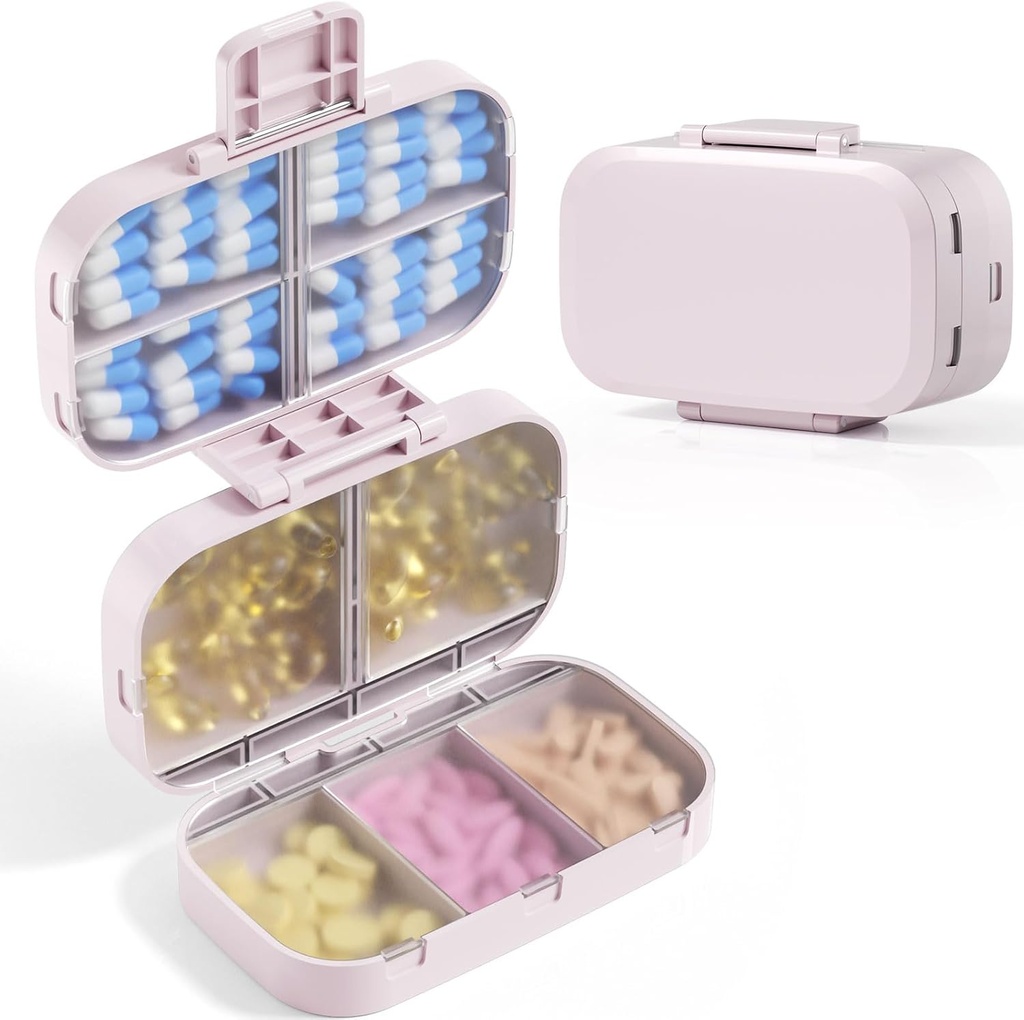 MEACOLIA Triple-Folding Pill Organizer, 9 compartiments Cas de pilule de voyage avec grande capacité, boîte à pilules quotidienne Petit contenant de pilule pour la vitamine, huile de foie de morue, suppléments (Beige)
