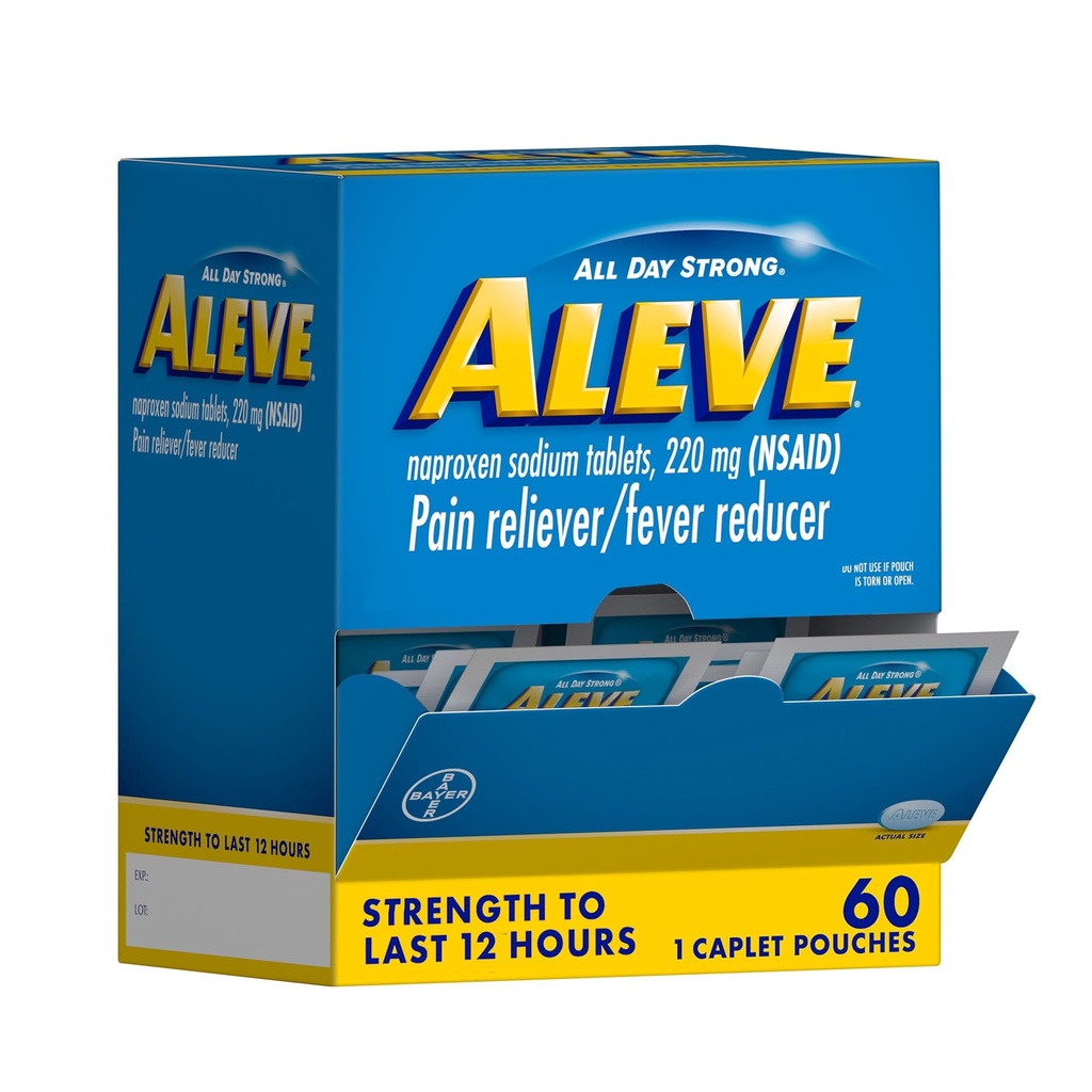 Aleve Pain Relievers & Fever Reducer Naproxen Caplets de sodium, corps et arthrite Pain Relievers, Médecine pour adultes et enfants de 12 ans et plus, 60 Pouches individuelles